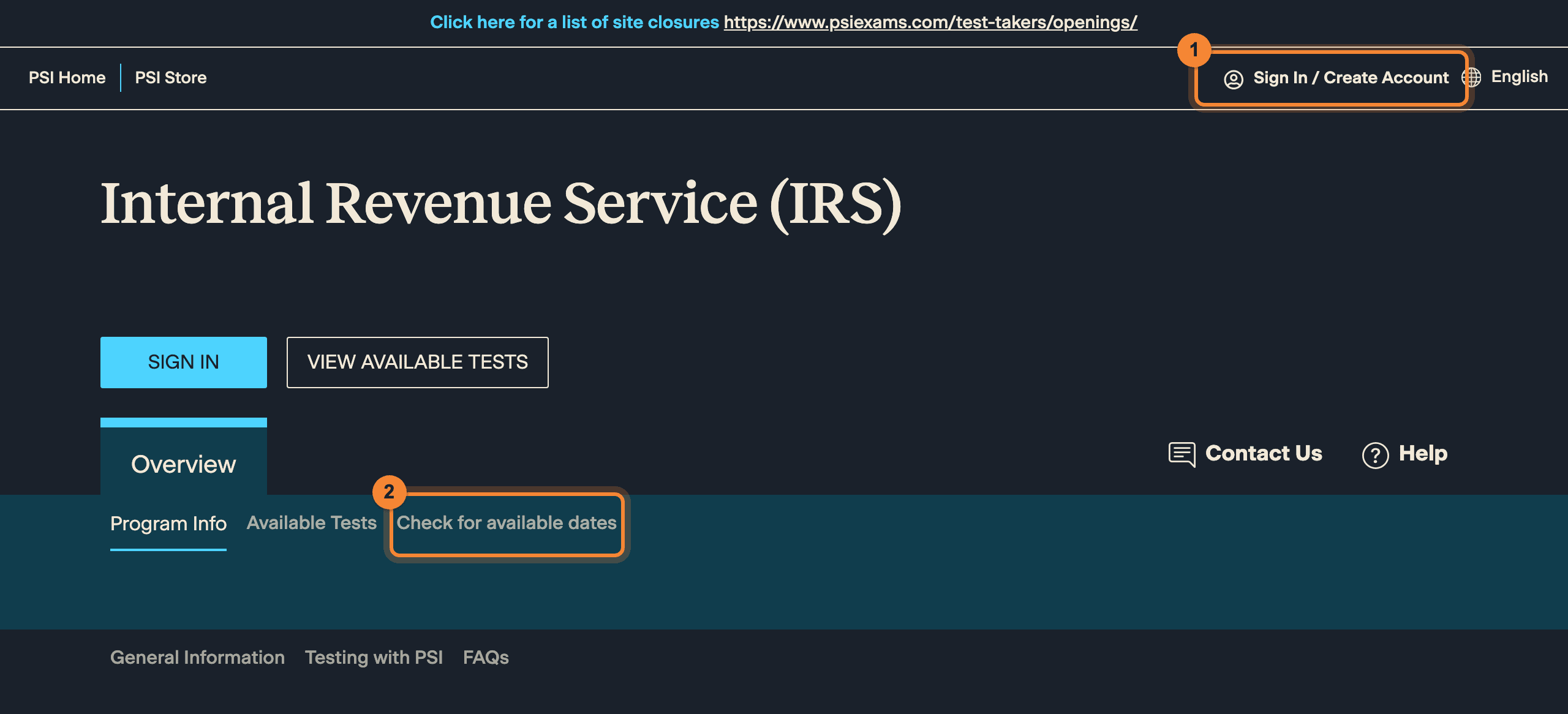 PSI’s IRS portal home page with Sign In / Create Account (1) and Check for available dates (2) highlighted