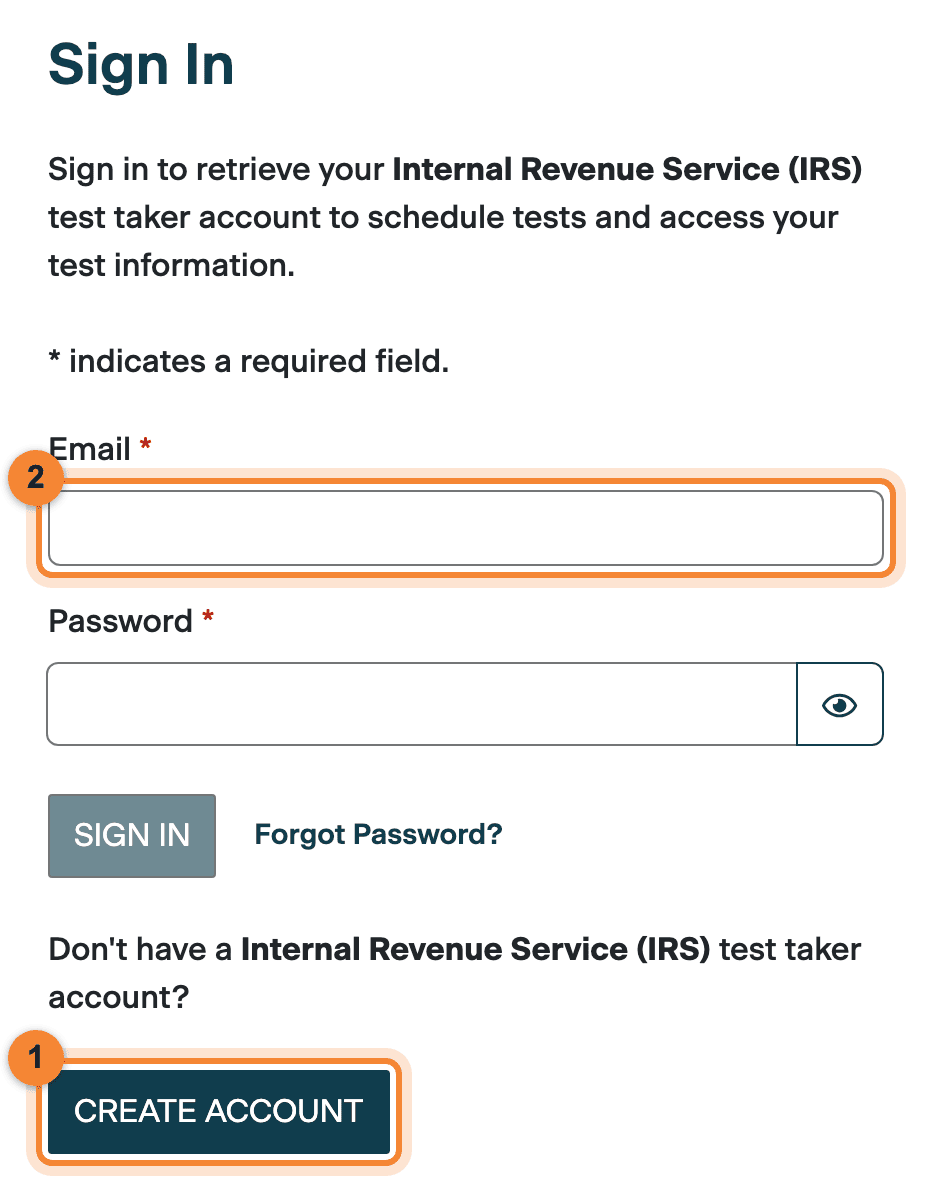 PSI sign-in page with the Create Account button (1) and the email field (2) highlighted