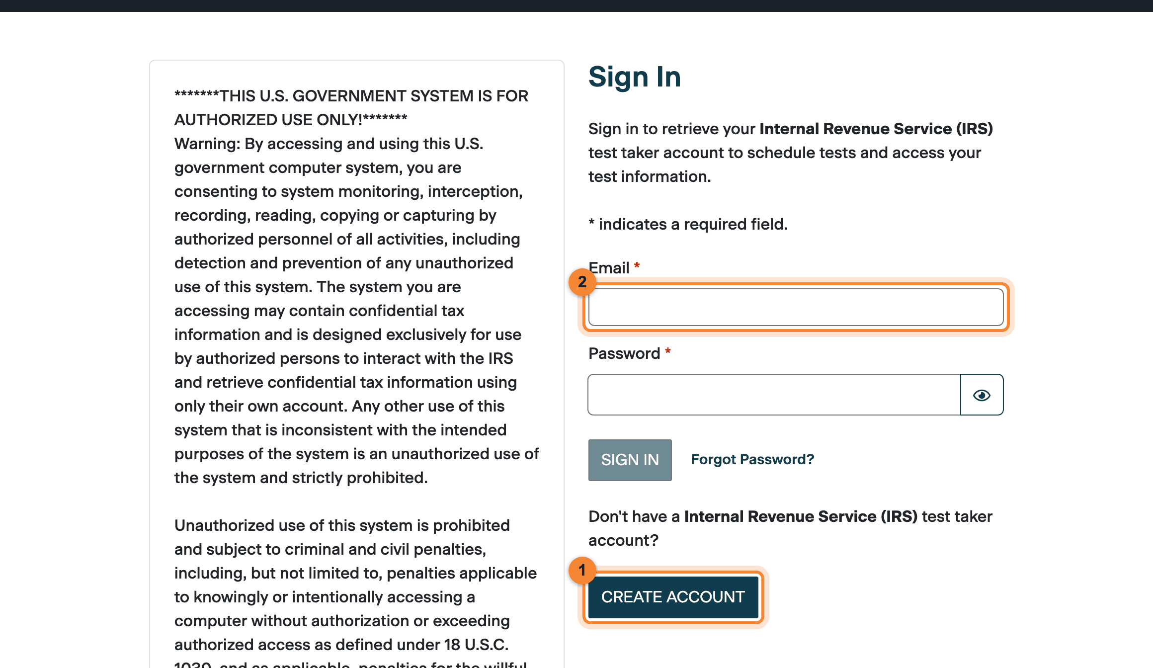 PSI sign-in page with the Create Account button (1) and the email field (2) highlighted
