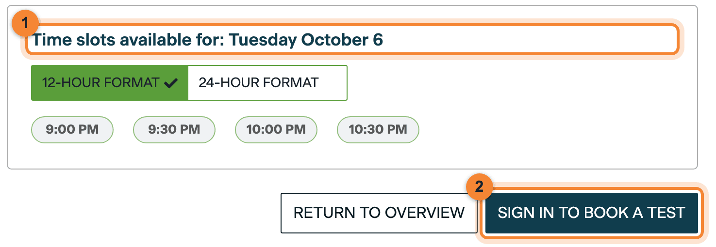 Time slots for Tuesday 6 October in IST: 9:00, 9:30, 10:00 and 10:30 PM, with the SIGN IN TO BOOK A TEST button highlighted