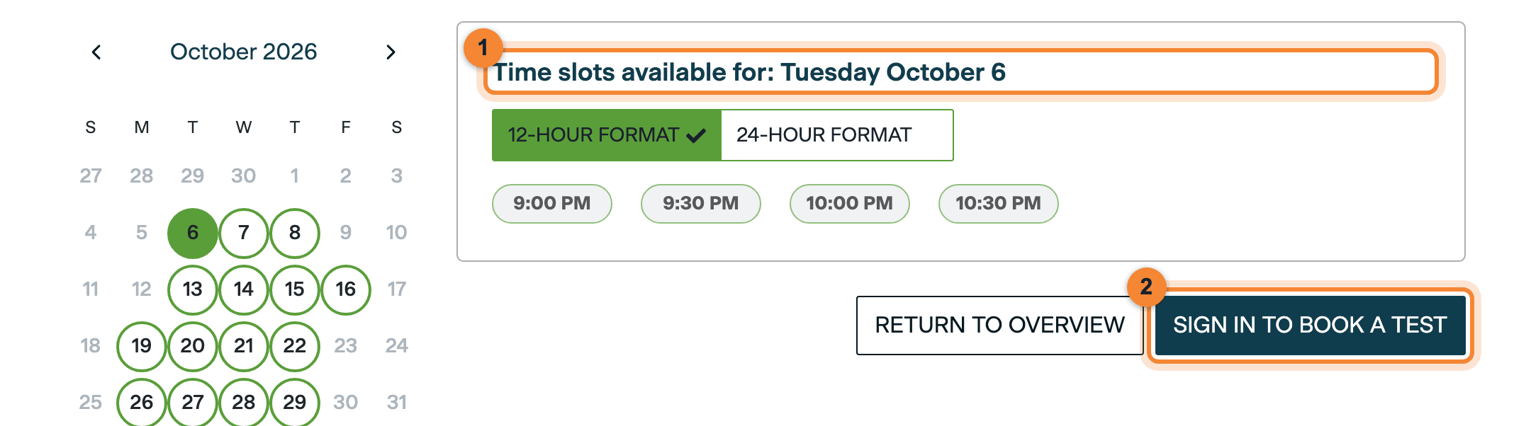 Time slots for Tuesday 6 October in IST: 9:00, 9:30, 10:00 and 10:30 PM, with the SIGN IN TO BOOK A TEST button highlighted